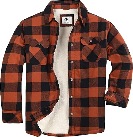 COEVALS CLUB Mens Flannel Jacket Sherpa Lined Quilted Cotton Snap Button Up Long Sleeve Shirts Hooded Coat