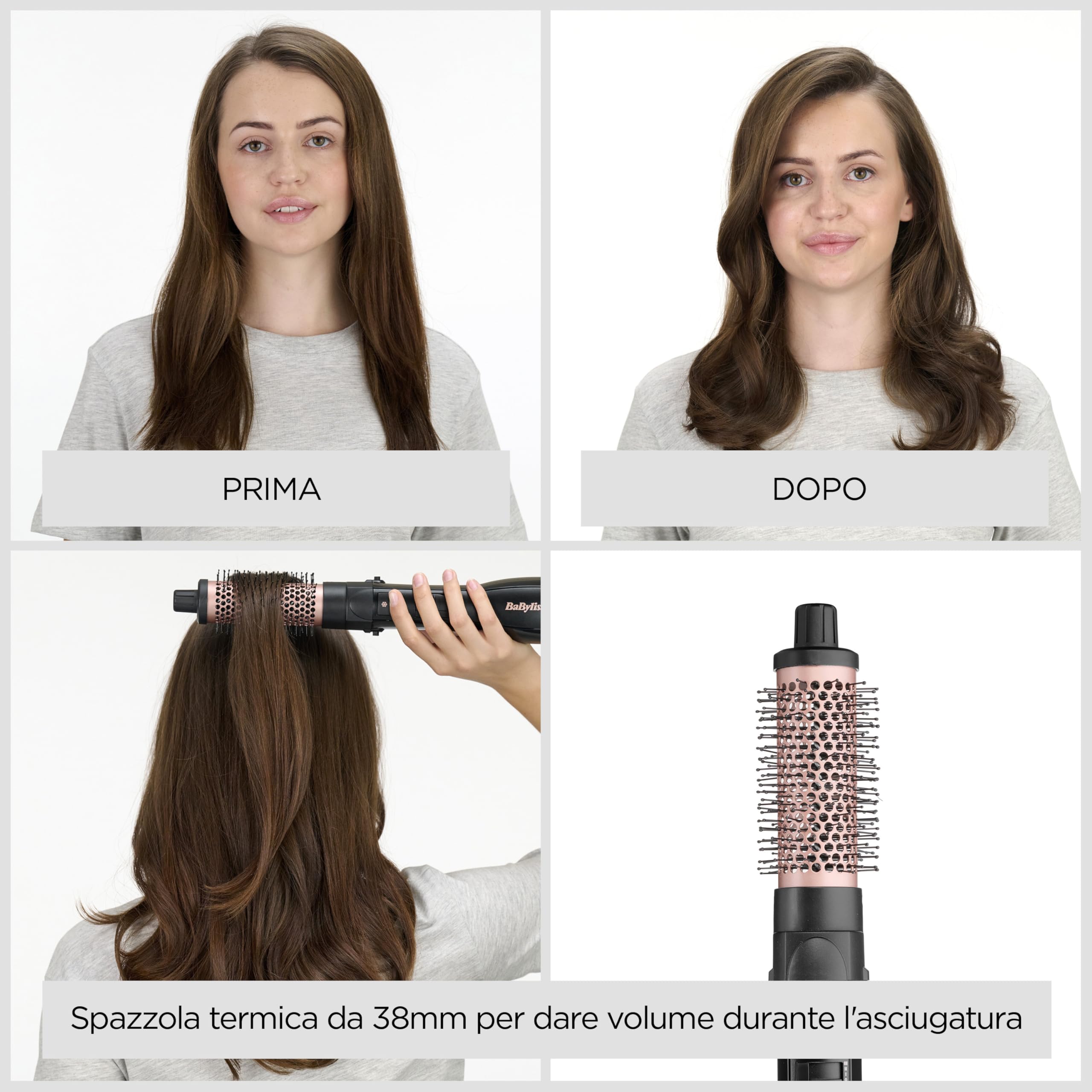 BaByliss Smooth Finish 1200 – Spazzola ad Aria Calda 4‑in‑1 per Asciugare, Lisciare, Modellare e Dare Volume, Tecnologia Ionica & Ceramica, 4 Accessori, 1200W, Nero/Rosa, AS122E