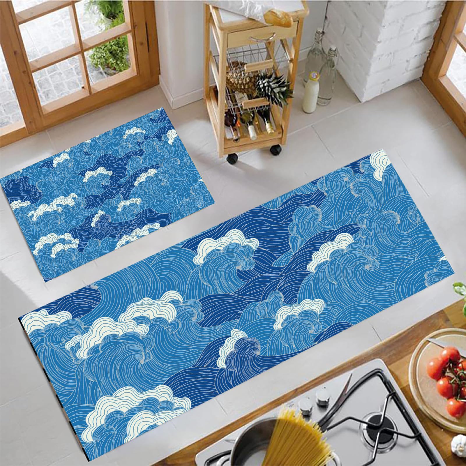 Alfombras para pasillo antideslizantes y lavables con patrón de ondas azules