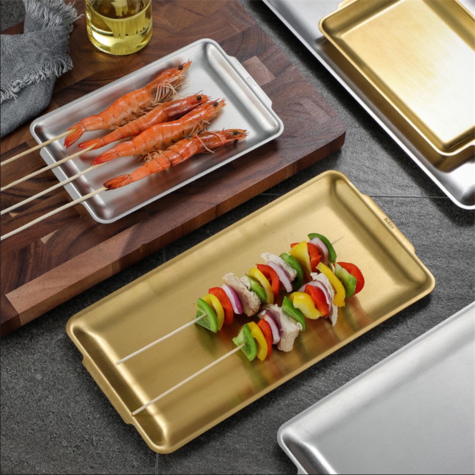 Bandeja rectangular de acero inoxidable, 22 x 14 cm, para barbacoa, sushi, pastelería y pan, para fiestas en casa, sala de estar y restaurante, elegante