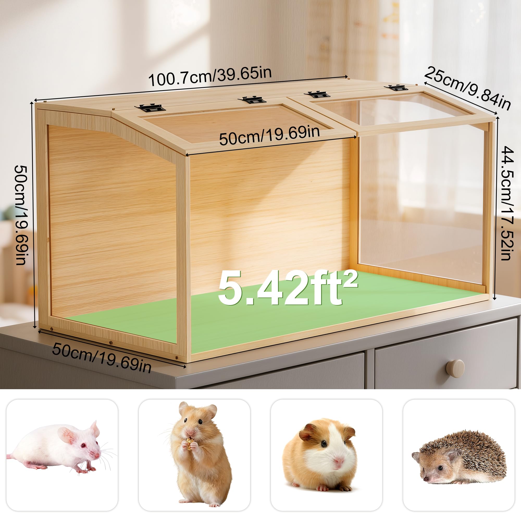 BingoPaw Hamsterkäfig Nagerkäfig aus Holz und Gehärtetes Glas, Kleintierkäfig mit Klappbarem Deckel, robust Kükenaufzuchtbox für Küken Hamste kausicheres Zwerghamster, XL 100 x 50 x 50 cm, Natur
