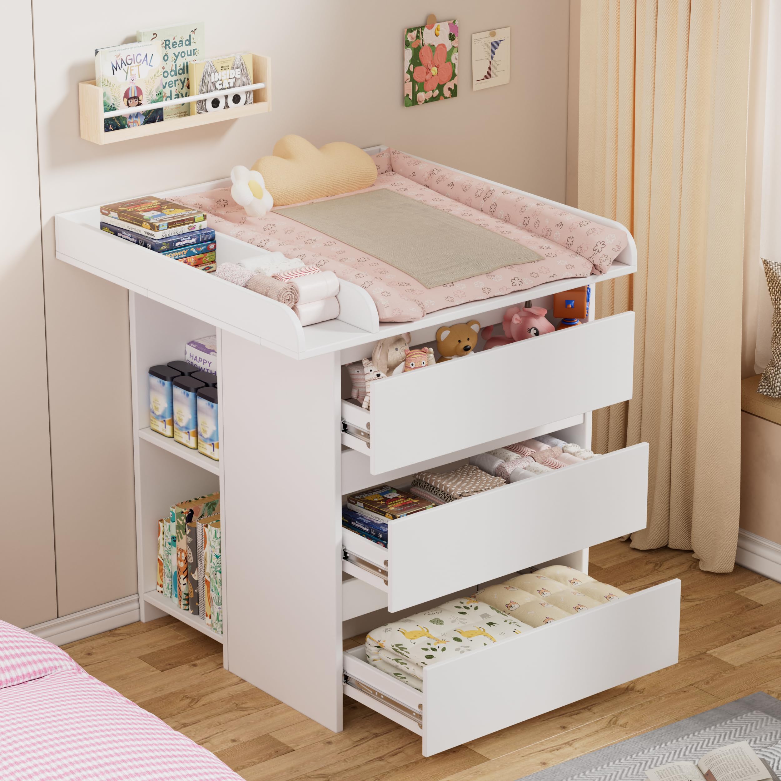 2-in-1 Wickelkommode mit abnehmbarem Wickelaufsatz,Baby Wickeltisch Weiß, Kommode mit 3 Schubladen & 6 Seitlichen Regalen, Viel Stauraum für Babyzimmer,73x70x85.8.6cm,Weiß
