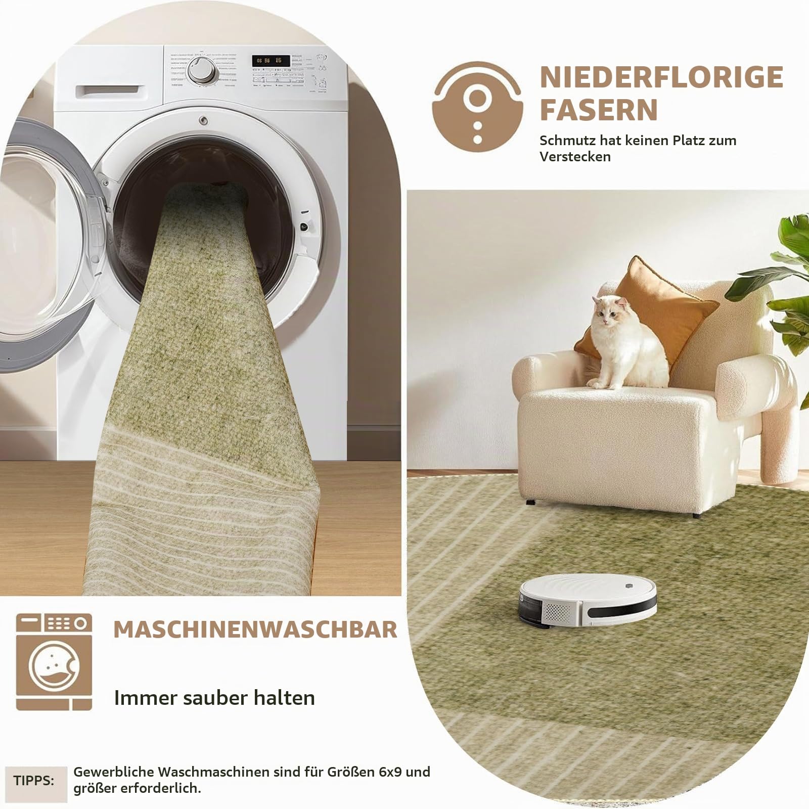 Kurzflor Teppich Wohnzimmer 160 cm Rund Grün & Creme, Waschbare Teppiche Modern Geometry Axisymmetric, rutschfeste Unterlage Flauschig und Extra Weich für Esszimmer & Schlafzimmer