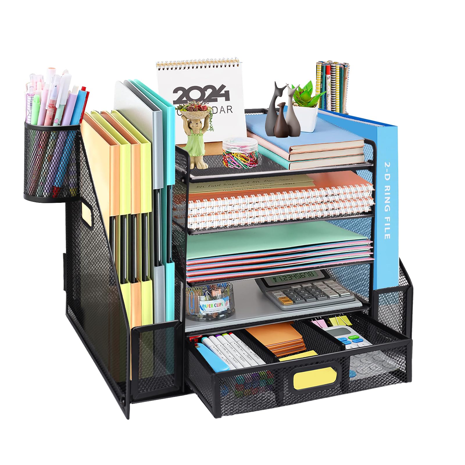 Porte-revues HMXLJJY En Maille Métallique Noire - 5 Compartiments Pour A4 - Organiseur De Bureau