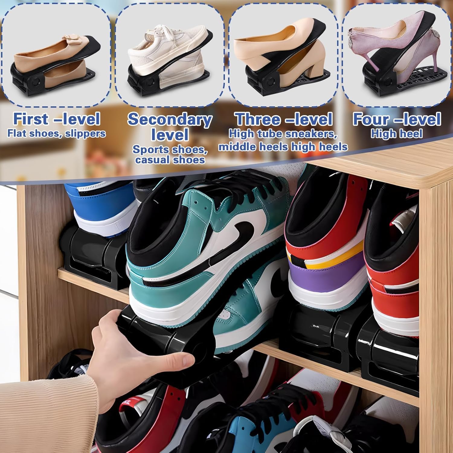 10 Pezzi Organizer Scarpe Impilabile, Portascarpe Salvaspazio Antiscivolo et Regolabile in Altezza, Porta Scarpe da Armadio Salvaspazio per Organizzare il Guardaroba, Nero