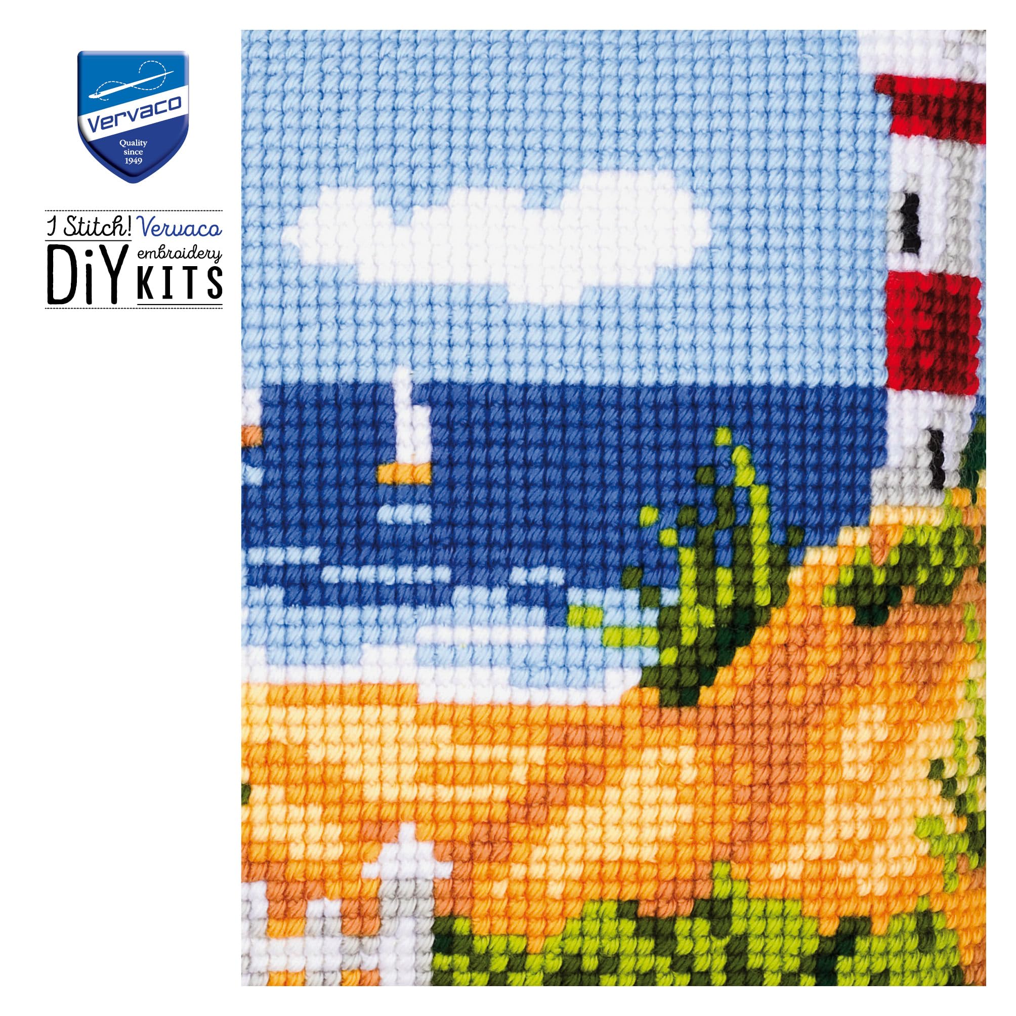 Vervaco Kit coussin au point de croix La plage au phare ,40 x 40 cm, Écru, Couleurs Variées