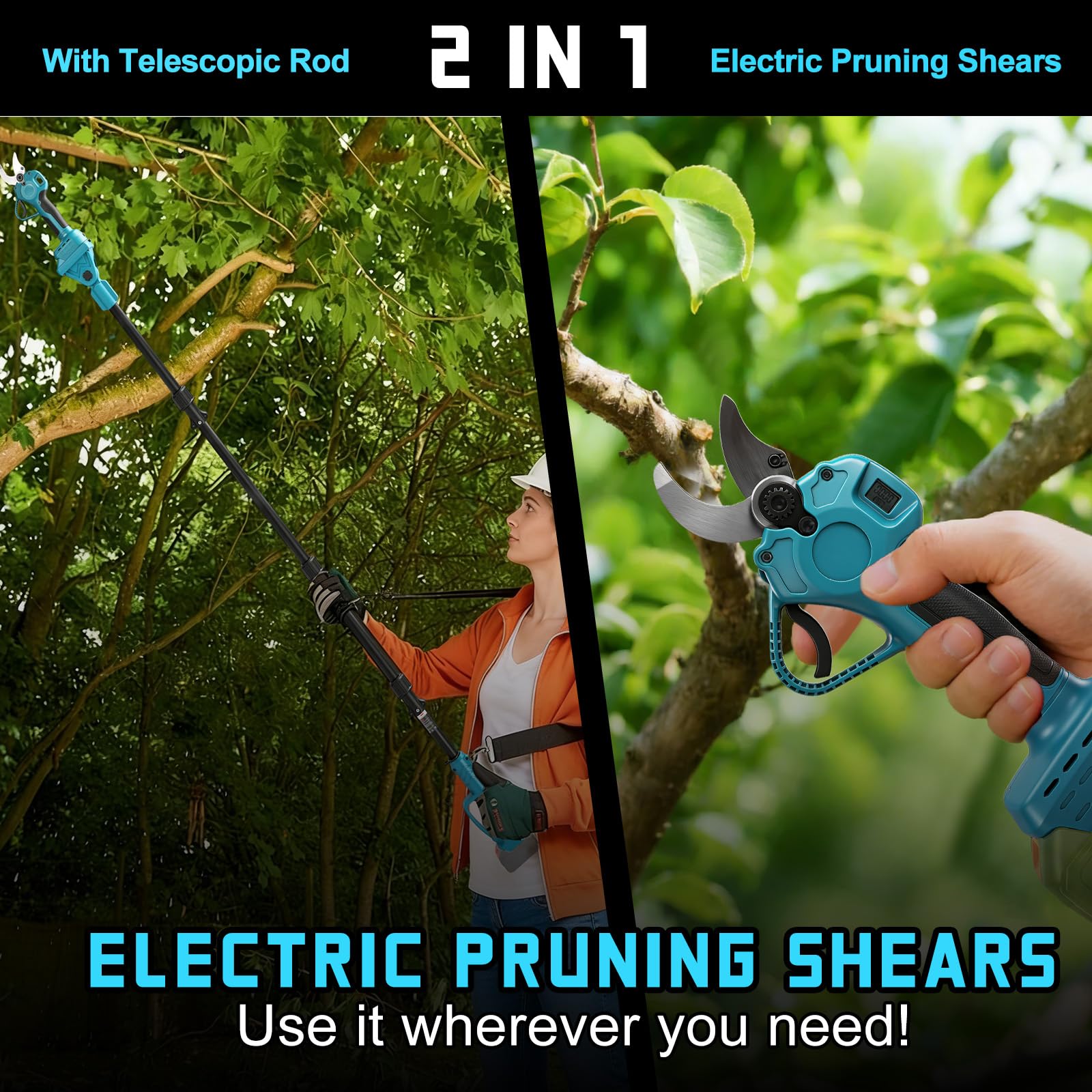 Tijeras de Podar Eléctricas 2 en 1 con Pértiga compatible con Makita 18 V baterías, Tijeras de podar Corte de 15-35 mm, Palo Telescópico 2M, Jardinería y Poda para Árboles (sin batería) | Tijeras de podar eléctricas sin escobillas, corte de 15 – 35 mm, pa