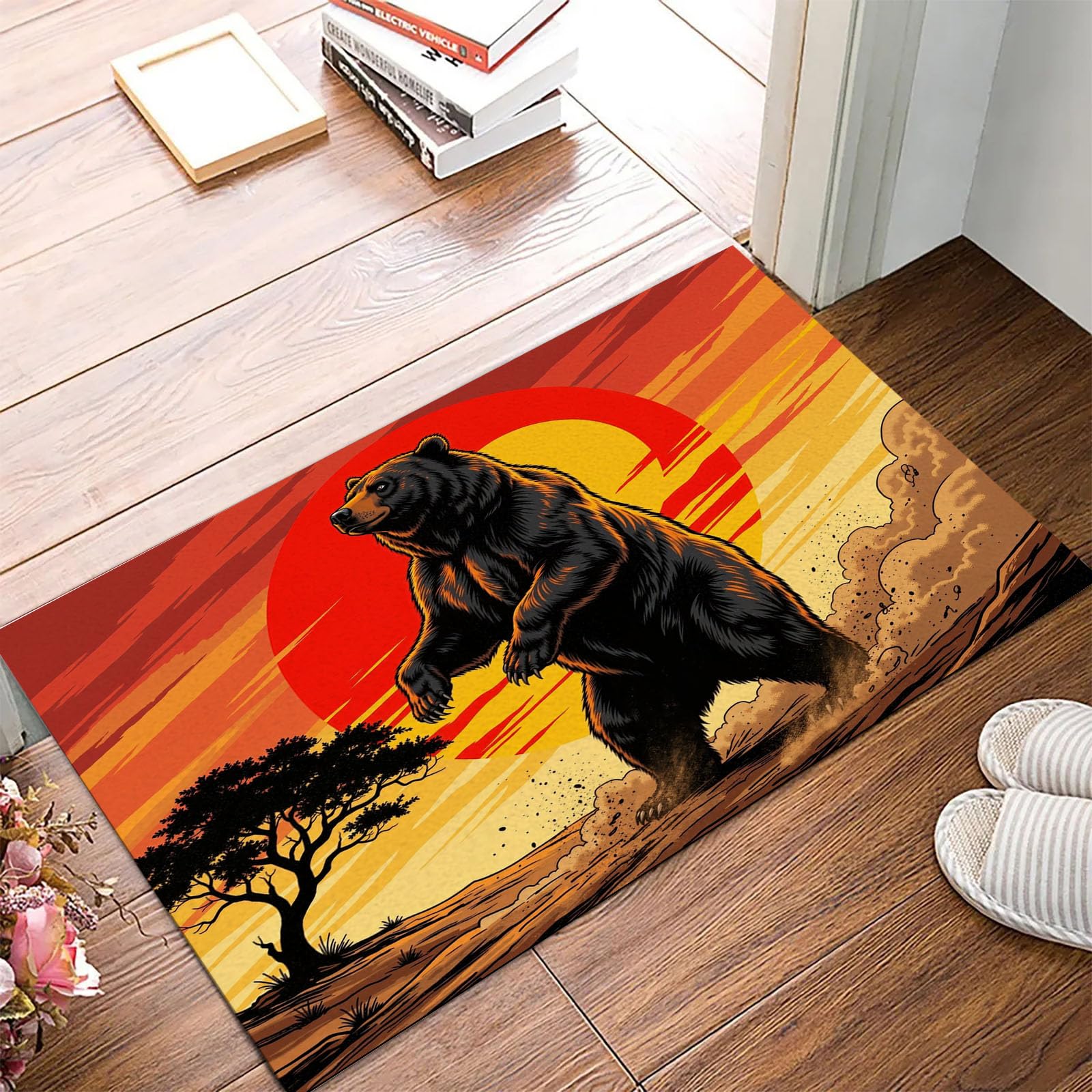Tapis de sol ours bande dessinee 90x150cm paillasson entree ambiance orange