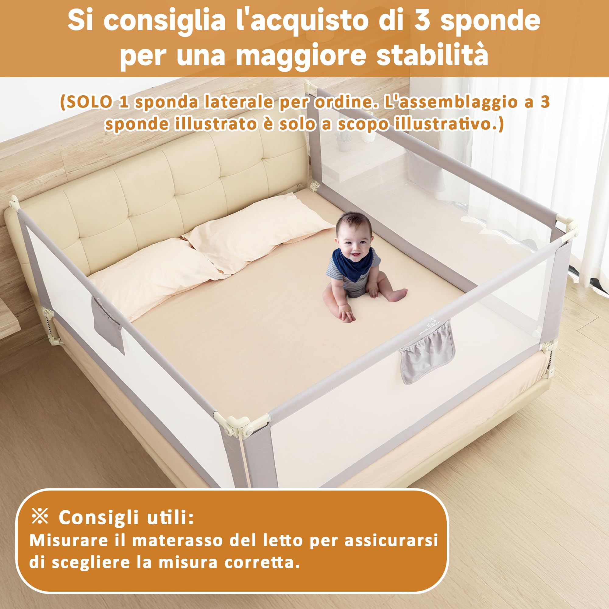 Sponda Letto Bambini 180 cm, Universale Barriera Protettiva Bambini Barriera Letto - Installazione Rapida in 3-5 Minuti, Grigio