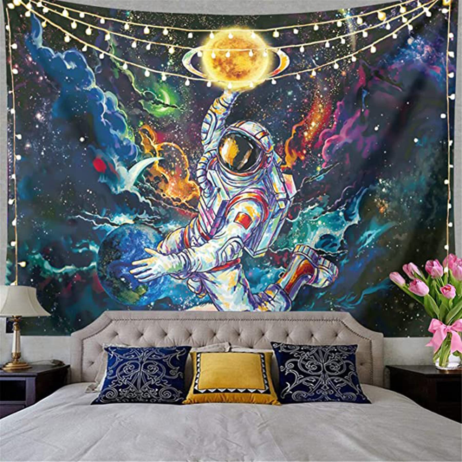 ELECDON Trippy Astronaut Tapestry, Galaxy Space Poster, Fantasy Universe Planets Starry Sky Tapestry, Bohemian Tapestry, Wall Hanging Art Decor for Living Room Bedroom(150x130CM)