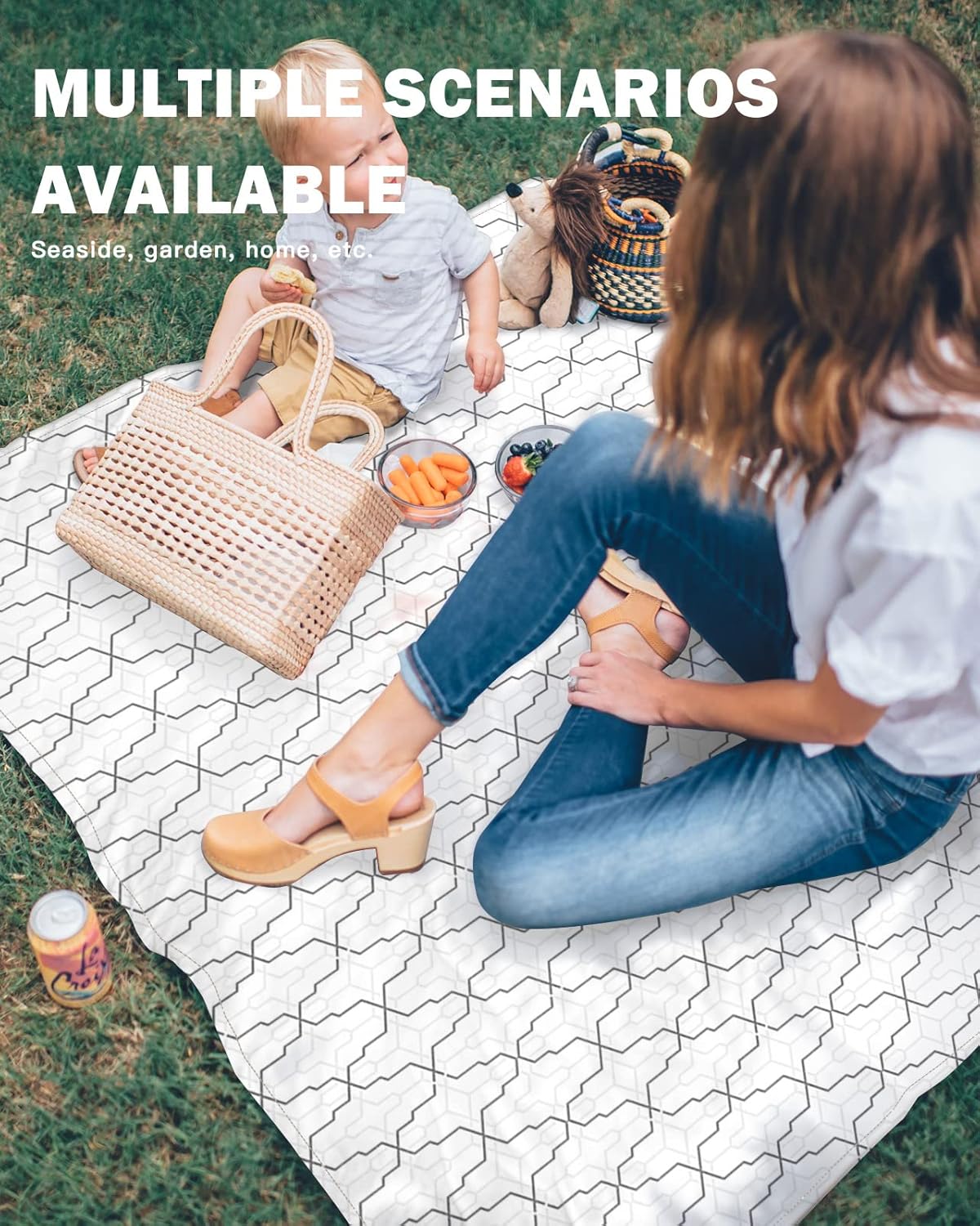 Geometric Grey Lines Plaid Beach Blanket Waterproof Sandproof Outdoor Picnic Mat 108"x84" Modern Minimalist Lightweight Large Beaach Blankets with 4 Stake & 4 Corner Pockets