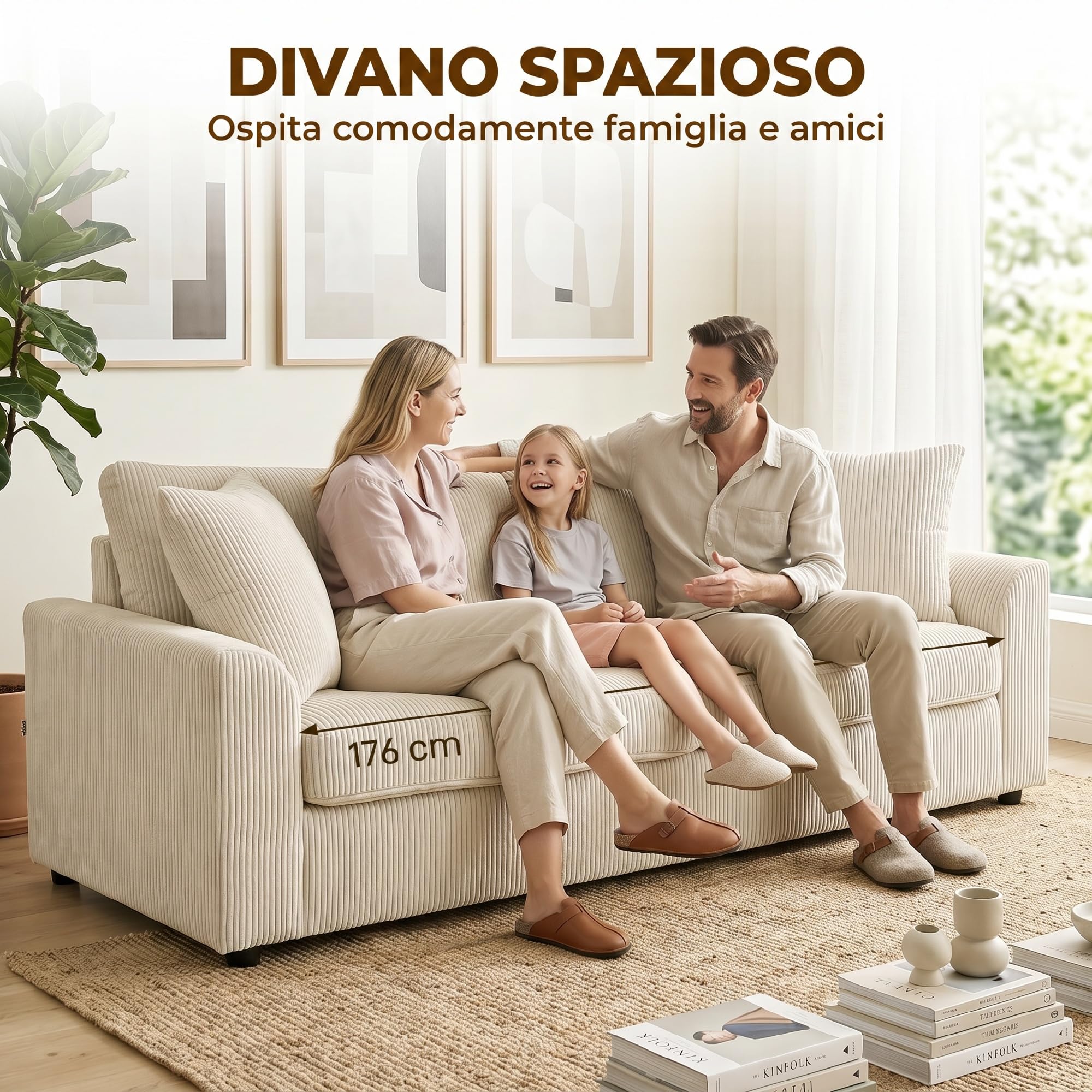 HOMCOM Divano 3 Posti con 2 Cuscini e Braccioli 212x80x88 cm Bianco Crema | in Velluto a Coste, Divanetto Moderno, Struttura in Acciaio, Imbottitura Morbido, Sofà per Casa Soggiorno Salotto