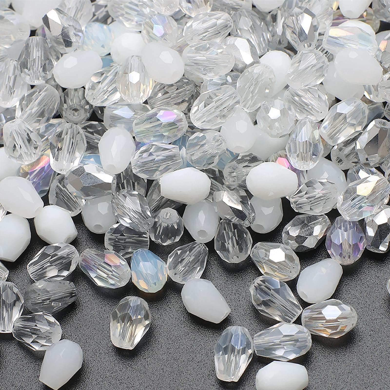 100PCS 6 * 8MM Teardrop Crystal Glass Beads for Jewelry Making, White Series Faceted Vertical Hole Teardrop Glass Spacer Beads Bulk for Bracelet Necklace Earring Wind Chime DIY Crafts Projects