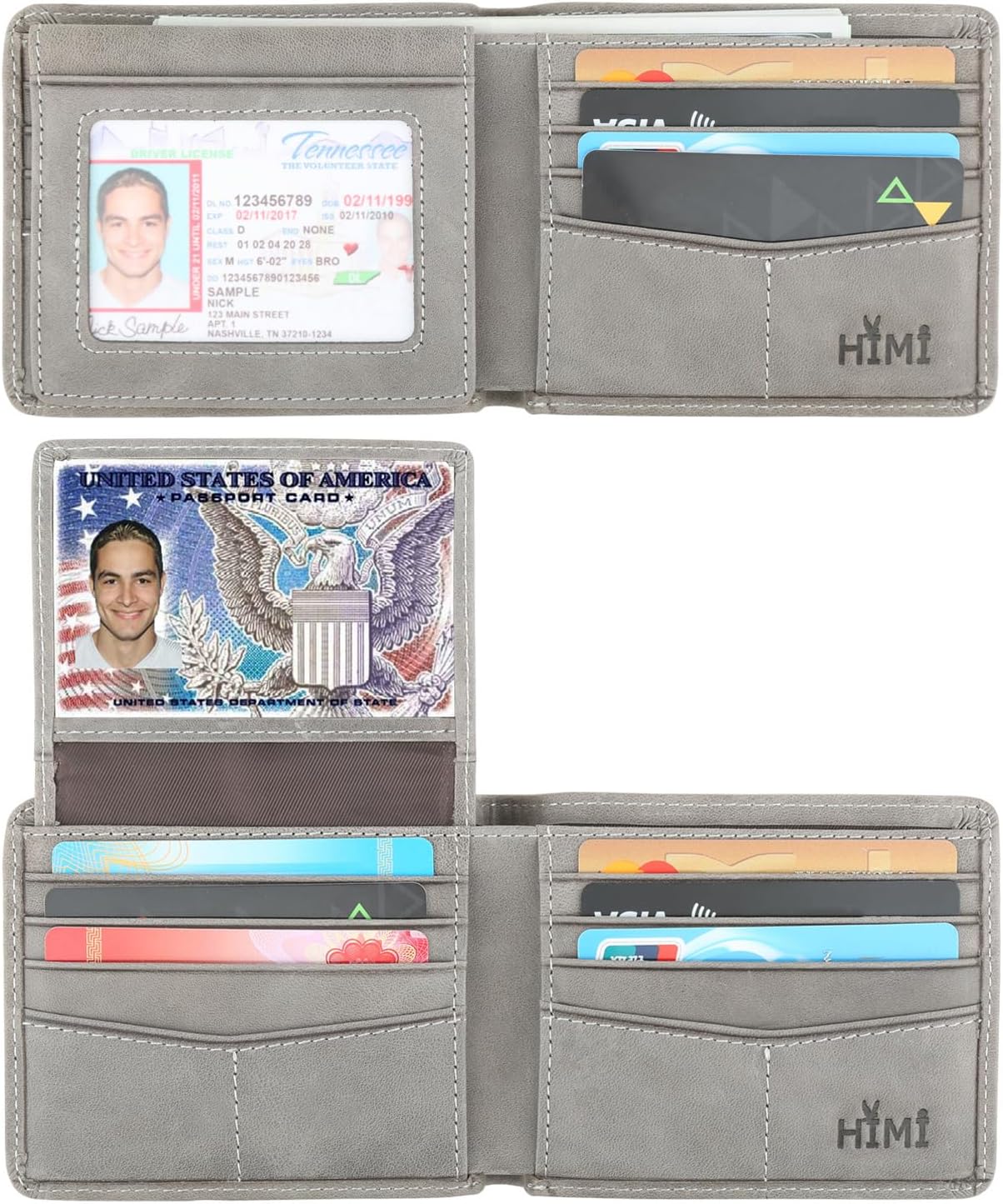 HIMI Men's Black Leather RFID Protected Bi-Fold Wallet with 10 Card Slots, 2 ID Windows, 2 Currency Pockets, Minimalist Design