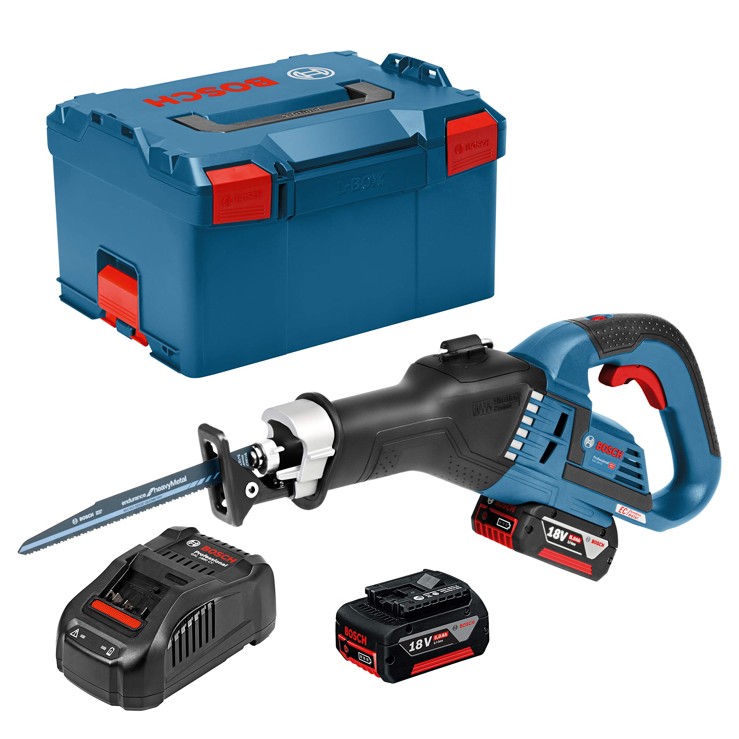Bosch Professional 06016A8107 GSA 18 V-32 Akku-Säbelsäge, 2 x 5,0 Ah Akku, Schnellladegerät, 2x Säbelsägeblatt, L-Boxx, 18 V