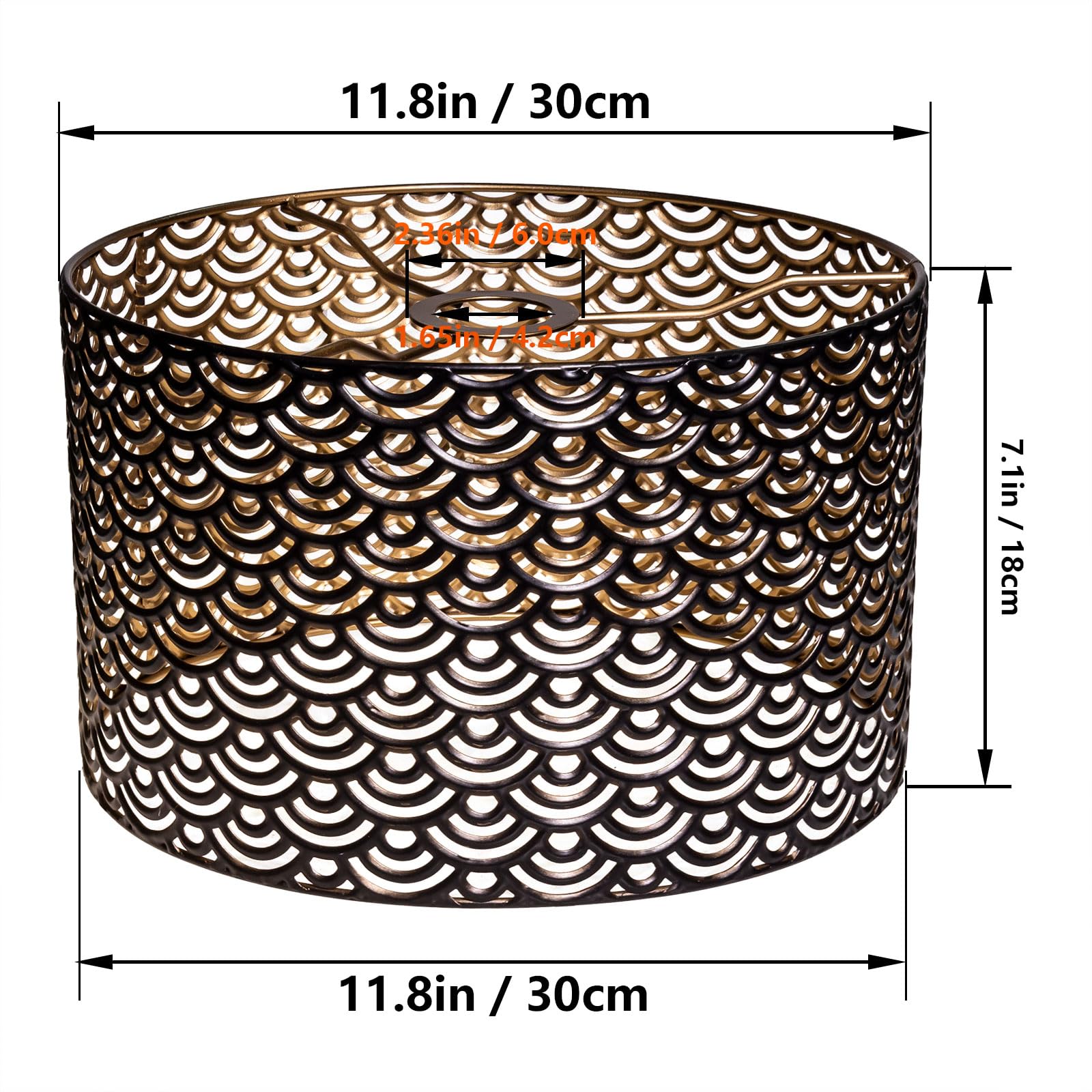 Paralume vintage in metallo, nero oro, intagliato/Rotondo, a tamburo, per lampada da terra, lampada a sospensione, lampada da tavolo, lampada da soffitto