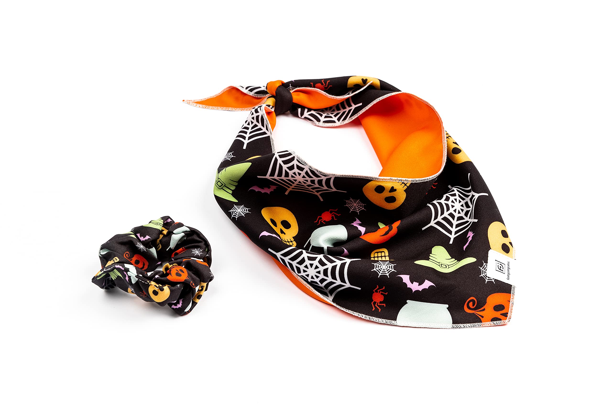 famjamjams Dog Bandana & Matching Scrunchie - Halloween S/M - Pet & Owner Matching Outfits, Polyester Spandex Fabric, Pet Bandana Scrunchie Combo