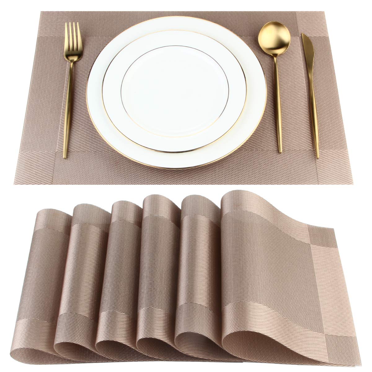 DACHUI Placemats, Placemat Set of 6 Washable PVC Table Mats Woven Vinyl Placemats(6pcs placemats, Champagne)