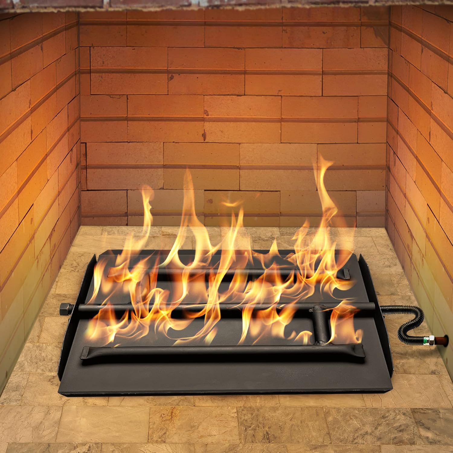 23 Inch Powder Coated Steel Fire Pit or Fireplace Triple Flame Row Gas Burner Pan NG. Now Includes a Bonus Bag of Glowing Embers!