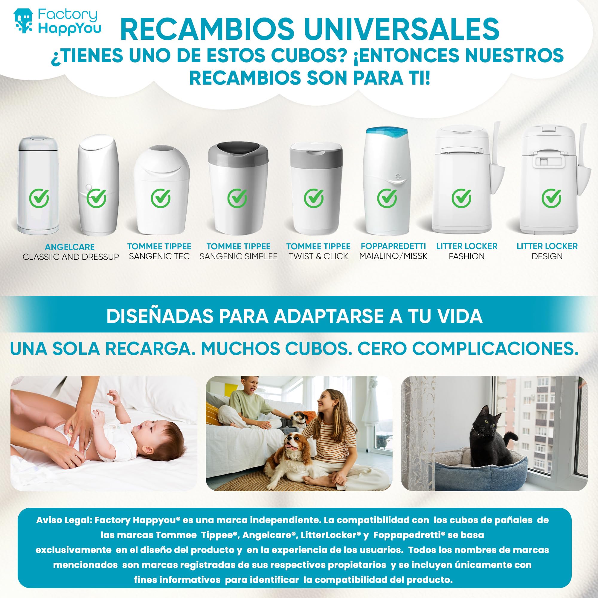 Factory HappyYou® – Pack 8 XXL Compatible con Angelcare y Tommee Tippee, entre otros muchos. Recambio -para Papelera Pañales Bebe - Contenedor Pañales – Escudo Antilolor – 7,5 metros por recambio