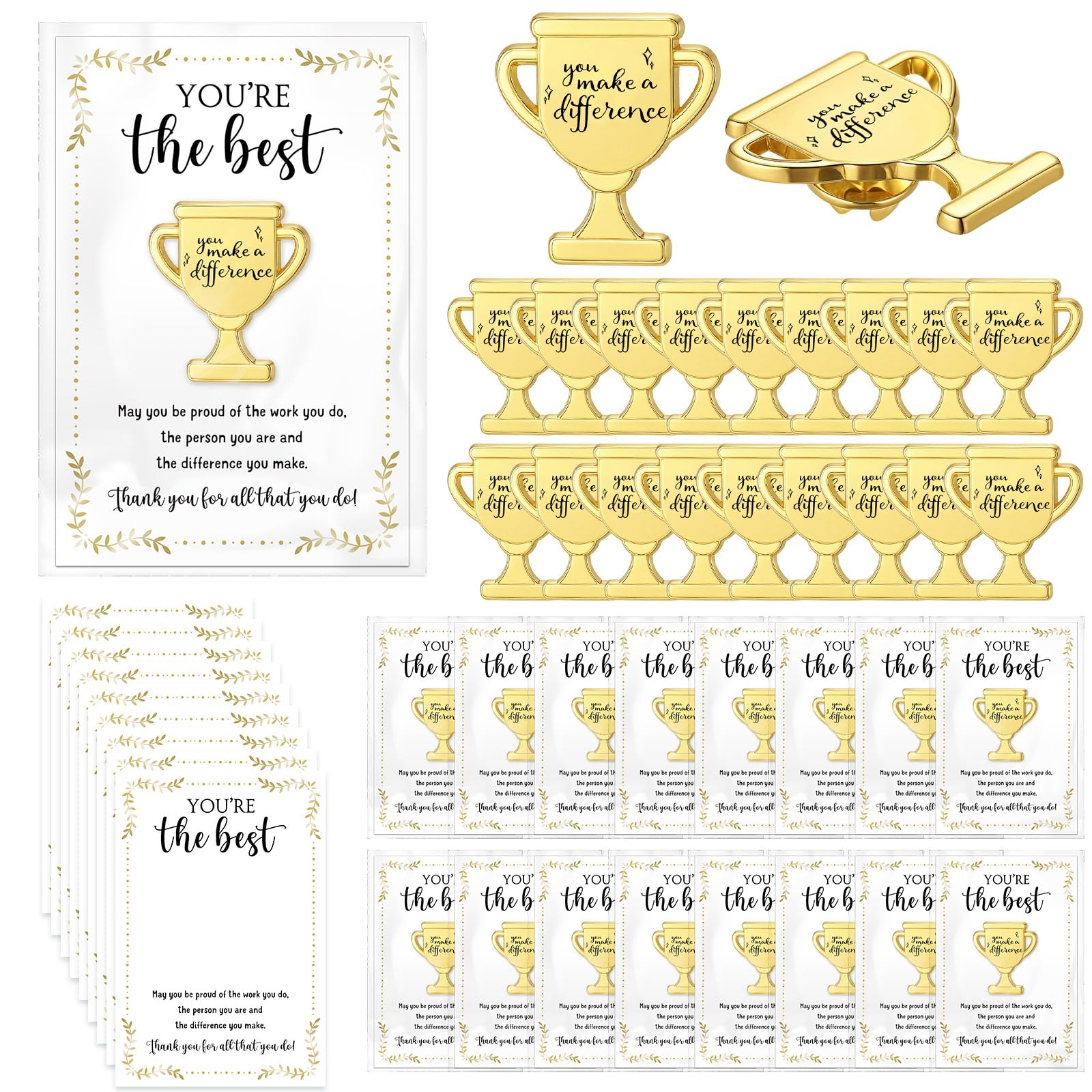Juinte 20 Sets Employee Appreciation Gifts Bulk Trophy Pins with Thank You Cards Organza Bags Inspirational Appreciation Recognition Gift for Team