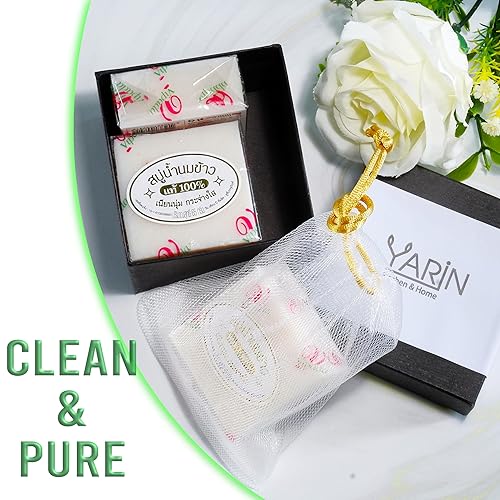 Miniatura 3 de YARIN Jabones de leche de arroz, jabón para aclarar la piel con colágeno, 2.29 oz.+bolsa de malla reutilizable, exfolia, hidrata y conserva