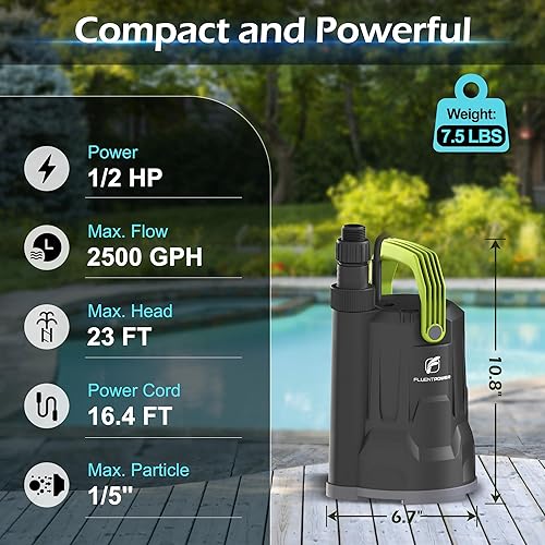 Miniatura 3 de FLUENTPOWER Bomba de sumidero, bomba de agua sumergible de 12 HP, bomba utilitaria de 2500 GPH de control manual para piscina, jardín, estanque,