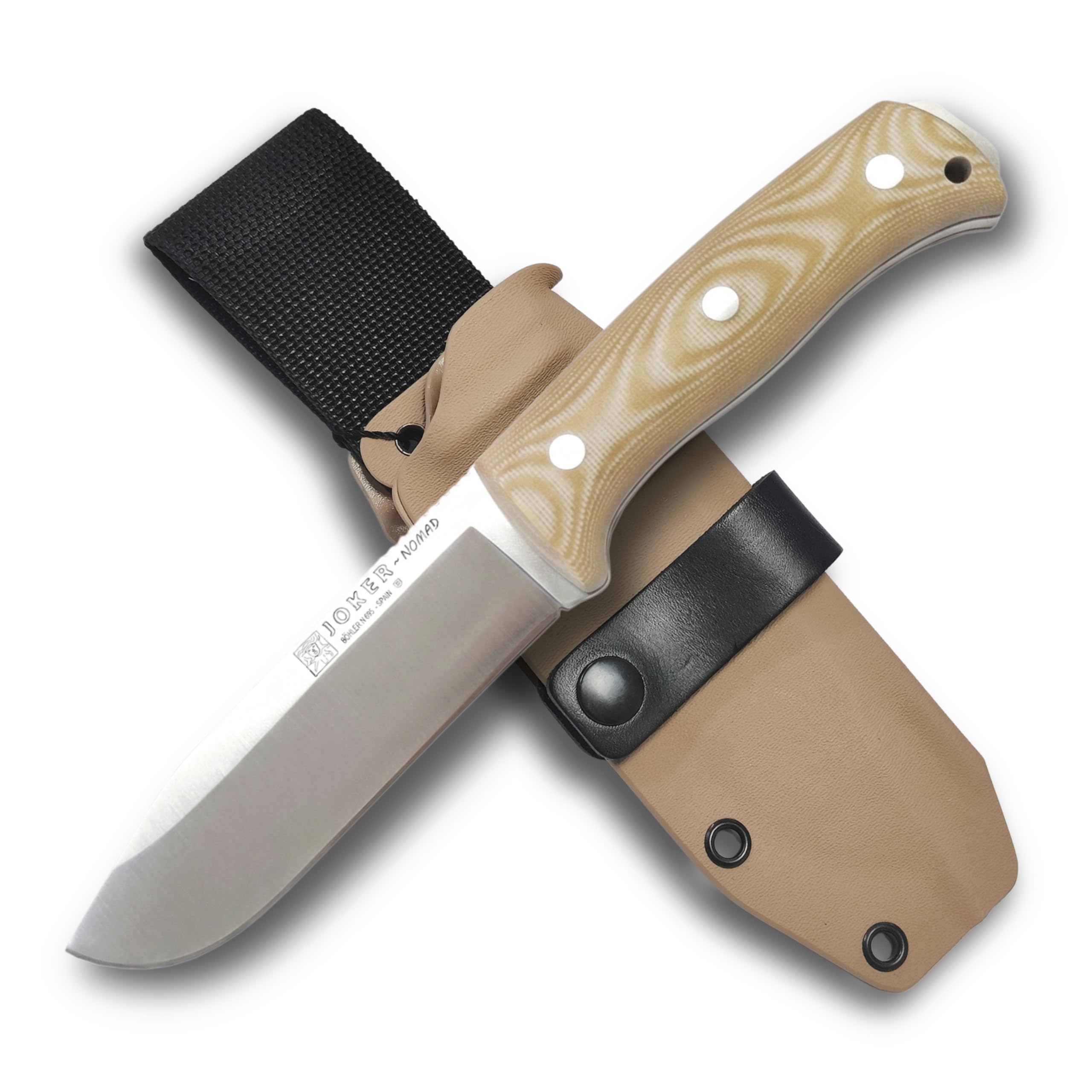Joker Nomad Outdoor-Messer mit Böhler N695 Stahl, Micarta-Griff und Kydexscheide, feststehendes Bushcraft Messer für Camping, Trekking, Wandern und Outdoor Aktivitäten (13 cm, Ohne Feuerstarter)