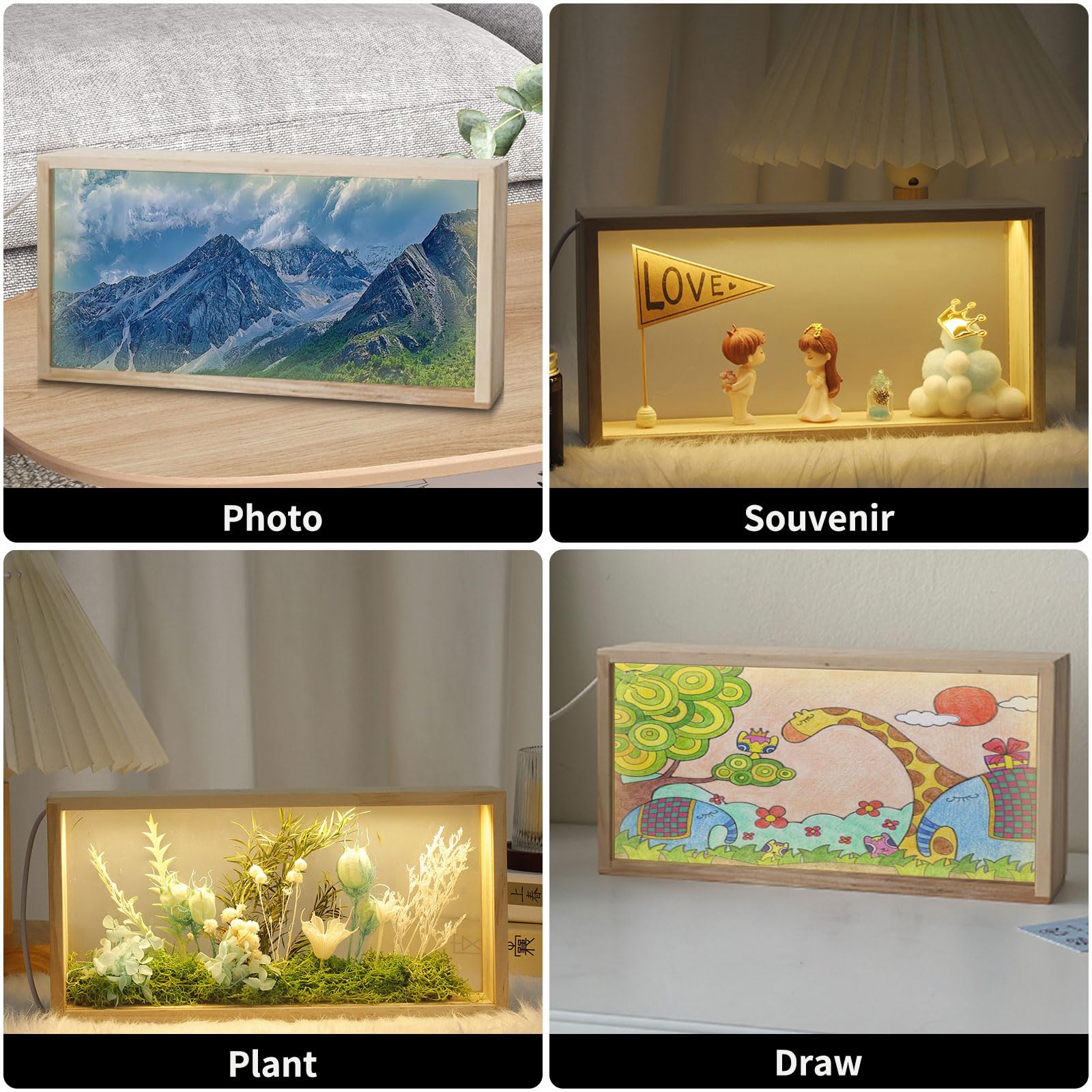 3D Bilderrahmen zum Befüllen,Objektrahmen Holz,leuchtender Fotorahmen, LED-Display-Artikelrahmen, DIY Vitrine Rahmen für Objekte,Blumen Schattenbox,Dekorative Bilderrahmen für Zuhause,Wohnzimmer,Hotel