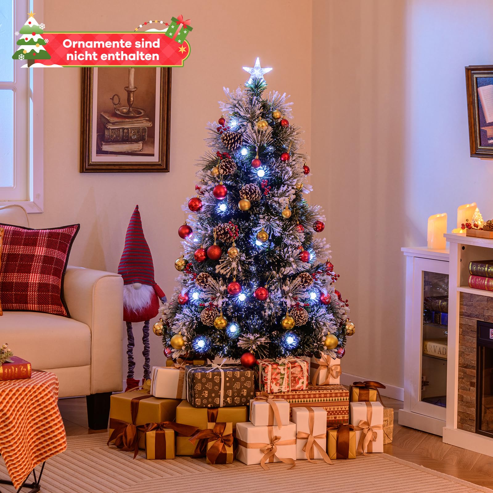 COSTWAY Kunstkerstboom met verlichting, dennenboom met sneeuw en koudwitte leds, glasvezel en stervormige punt, 8 modi, kerstboom met dennenappels en rode bessen, groen wit (150 cm COSTWAY Kunstkerstboom met verlichting, dennenboom met sneeuw en koudwitte leds, glasvezel en stervormige punt, 8 modi, kerstboom met dennenappels en rode bessen, groen wit (150 cm