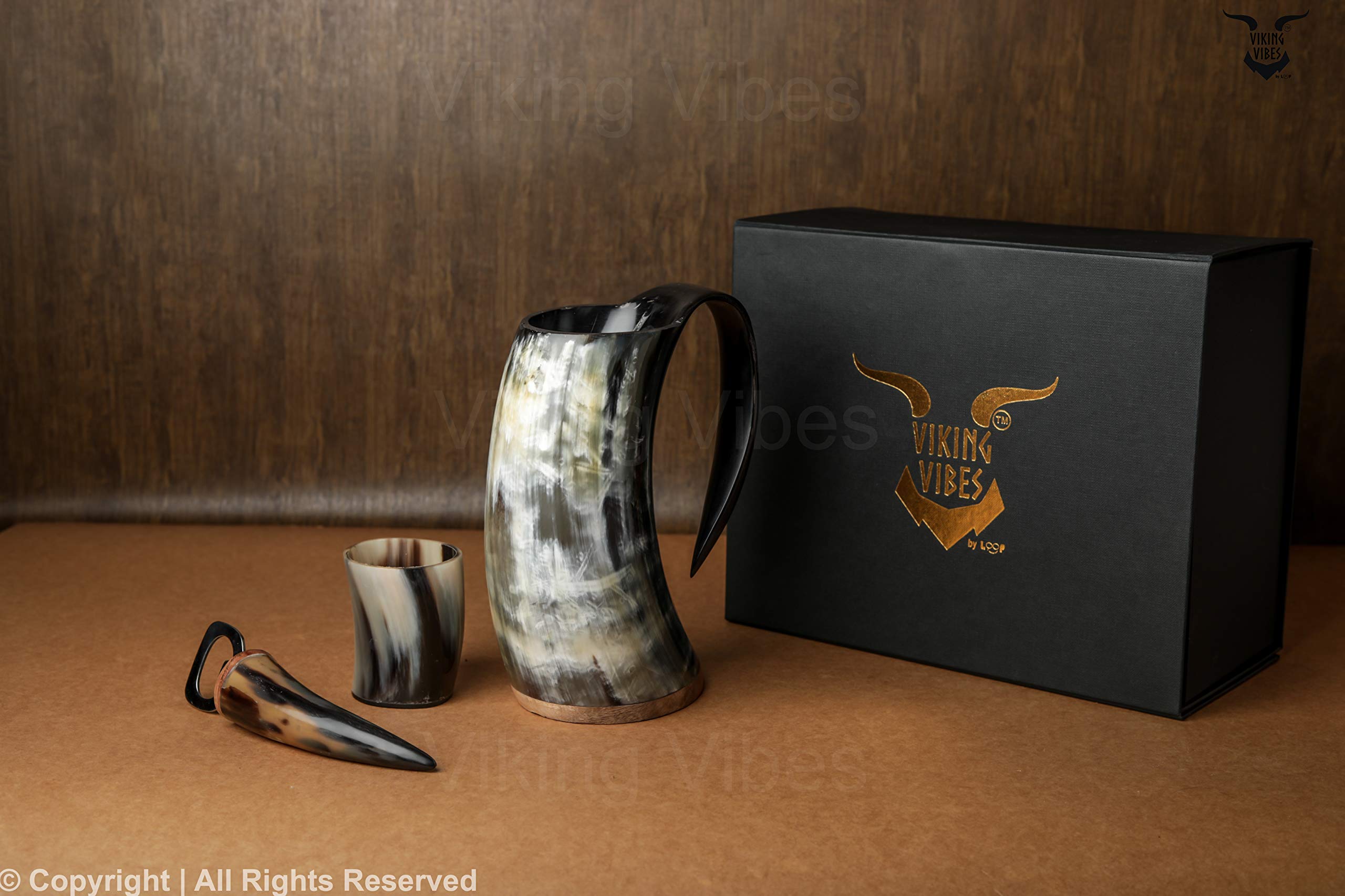 Loop Viking Vibes Drinking Horn Handcrafted Original Horn Classic Combo (1 Mug, 4 Shot Glass, 1 Bottle Opener, 1 Gift Box Packaging) 1