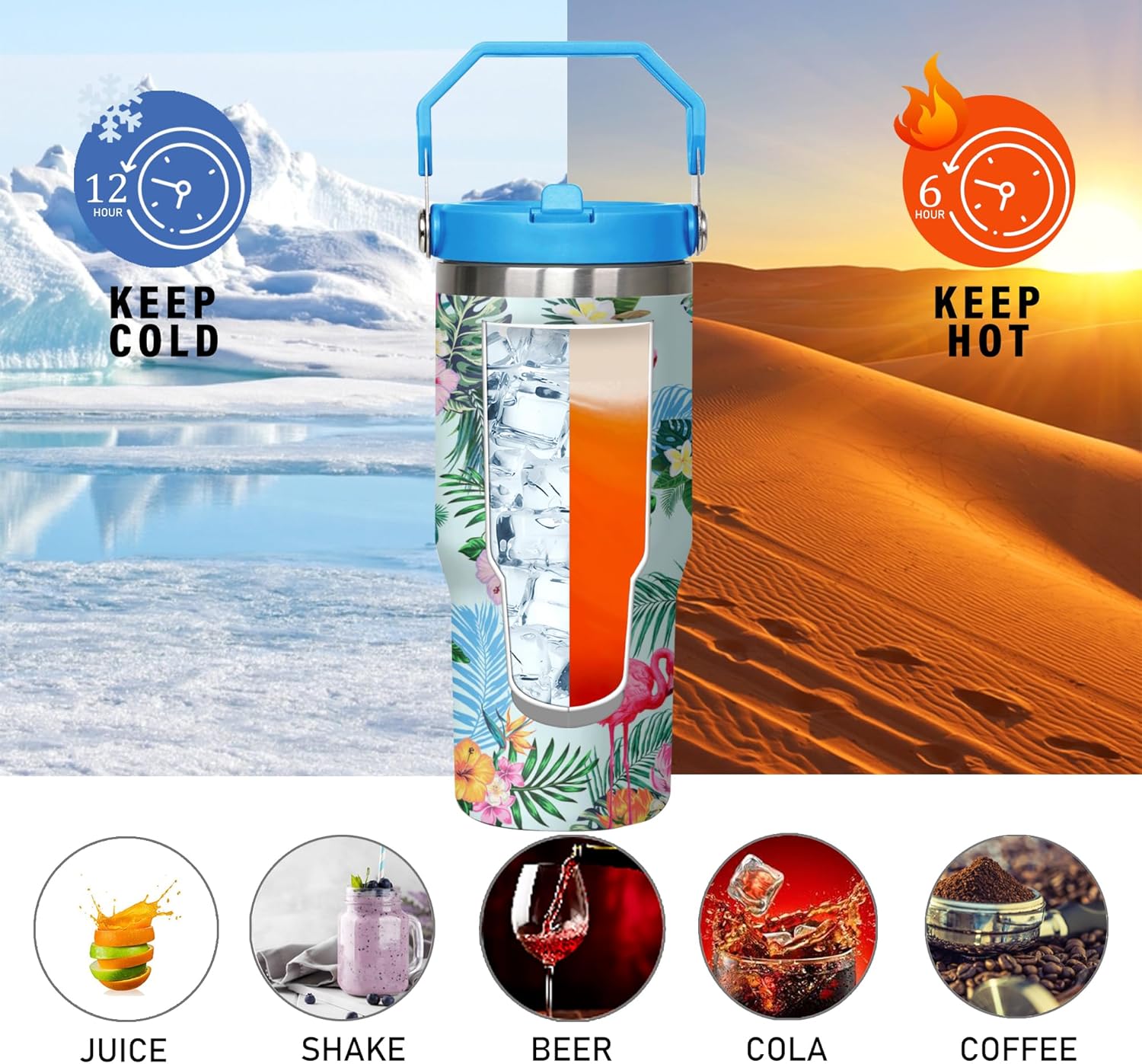 Flamingo Tumbler with Handle and Flip Straw for Women Men, 30oz Stainless Steel Insulated Cup, Water Bottle Travel Coffee Mug, Gifts for Animal Lovers - Image 4