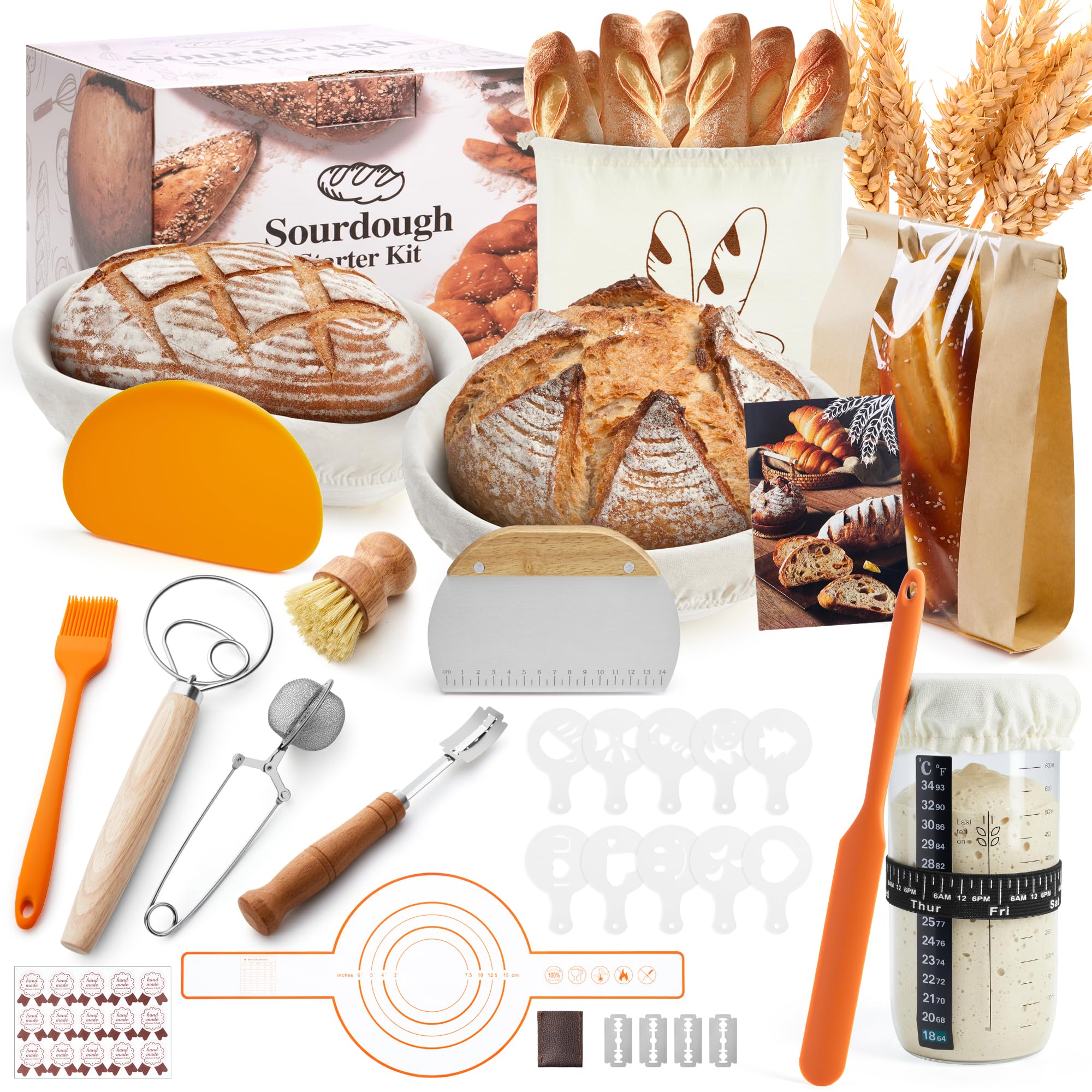 VIcus Sauerteig Starter Set, Gärkörbchen Rund & Oval, Brotbackzubehör Für Sauerteigbrot, Komplettes Brotbackset Zum Brot Backen Für Anfänger Und Bäcker