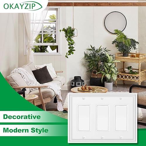 Miniatura 10 de Cubierta decorativa blanca para interruptor de luz de triple palanca, placa de pared, material de fibra de bambú natural, estilo moderno (palanca de