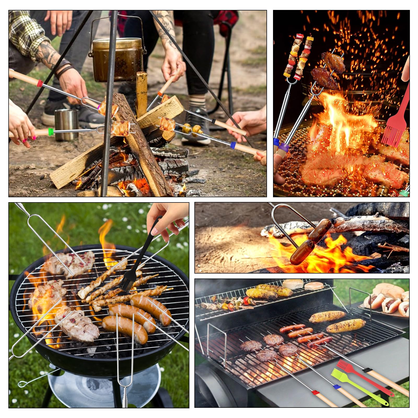 8 Piezas Pinchos Telescópicos para Barbacoa, con 2 Cepillo de Aceite, Varillas de Barbacoa de Malvavisco, Brochetas Extensibles de Acero Inoxidable, Para Hoguera, Barbacoa, Camping, Picnics