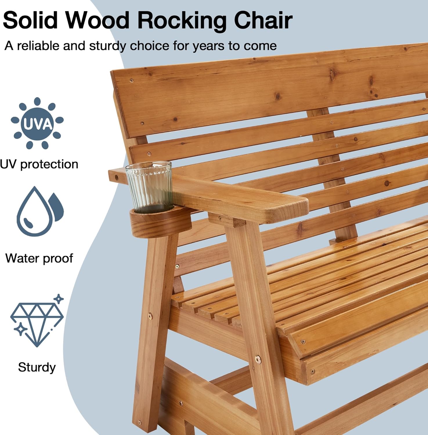 HOMREST Wooden Patio Glider Bench with Cup Holders, Heavy Duty 900LBS Outdoor Loveseat Glider with Ergonomic Deep Contoured Seat and High Roll Back for Garden Porch Balcony (4Ft 2-Seater, Brown)