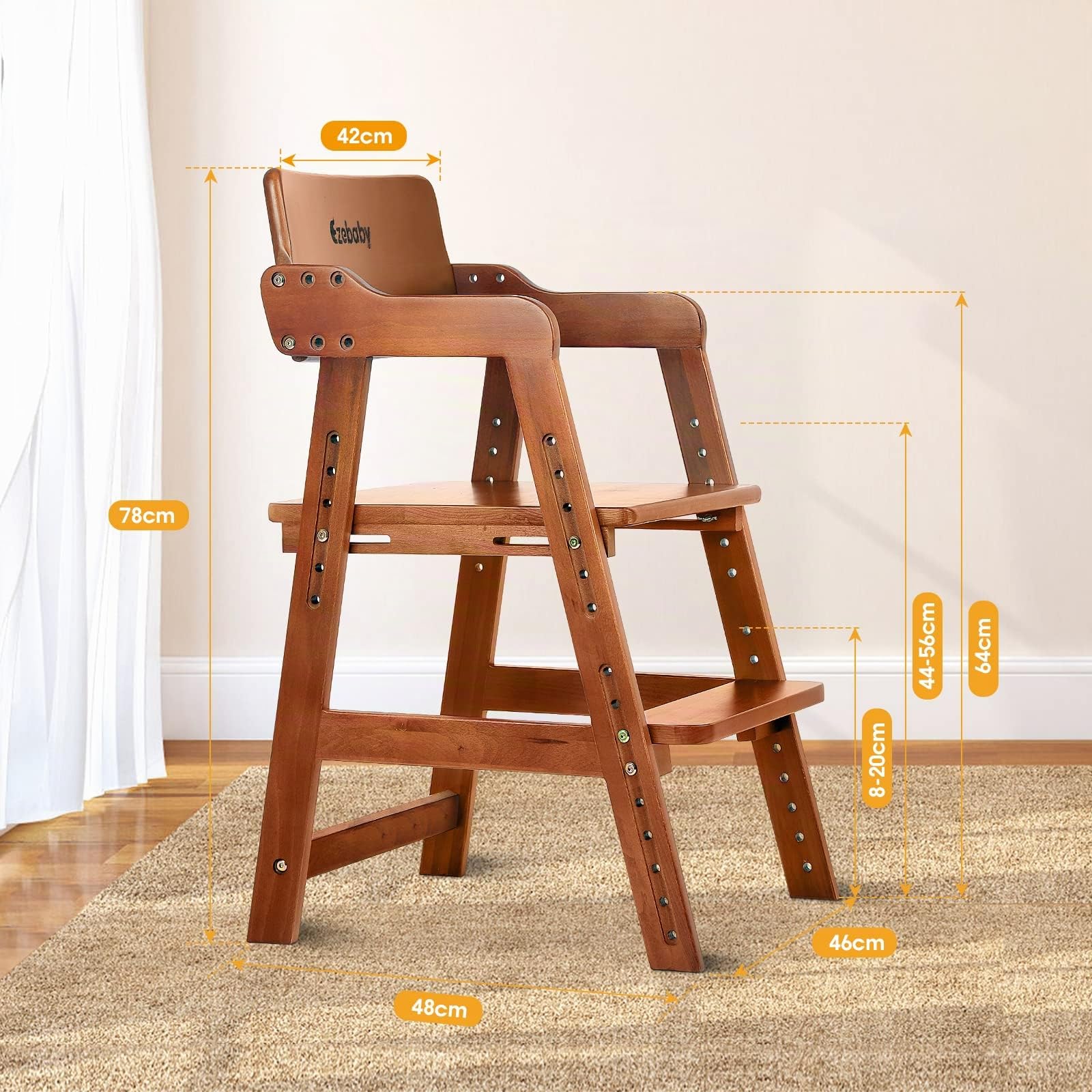 Ezebaby Seggiolone, sedia per bambini, in legno di faggio, regolabile in altezza, stabile e sicura, fino a 90 kg, per bambini e adulti