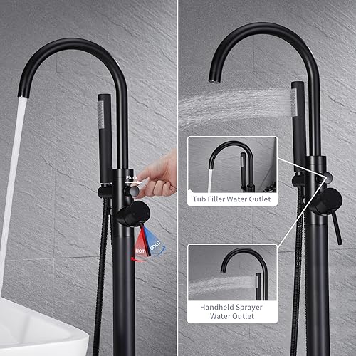 Miniatura 3 de TapLong Grifo de bañera de montaje en el suelo negro mate, relleno de bañera independiente, grifos de ducha de alto flujo con ducha de mano alto