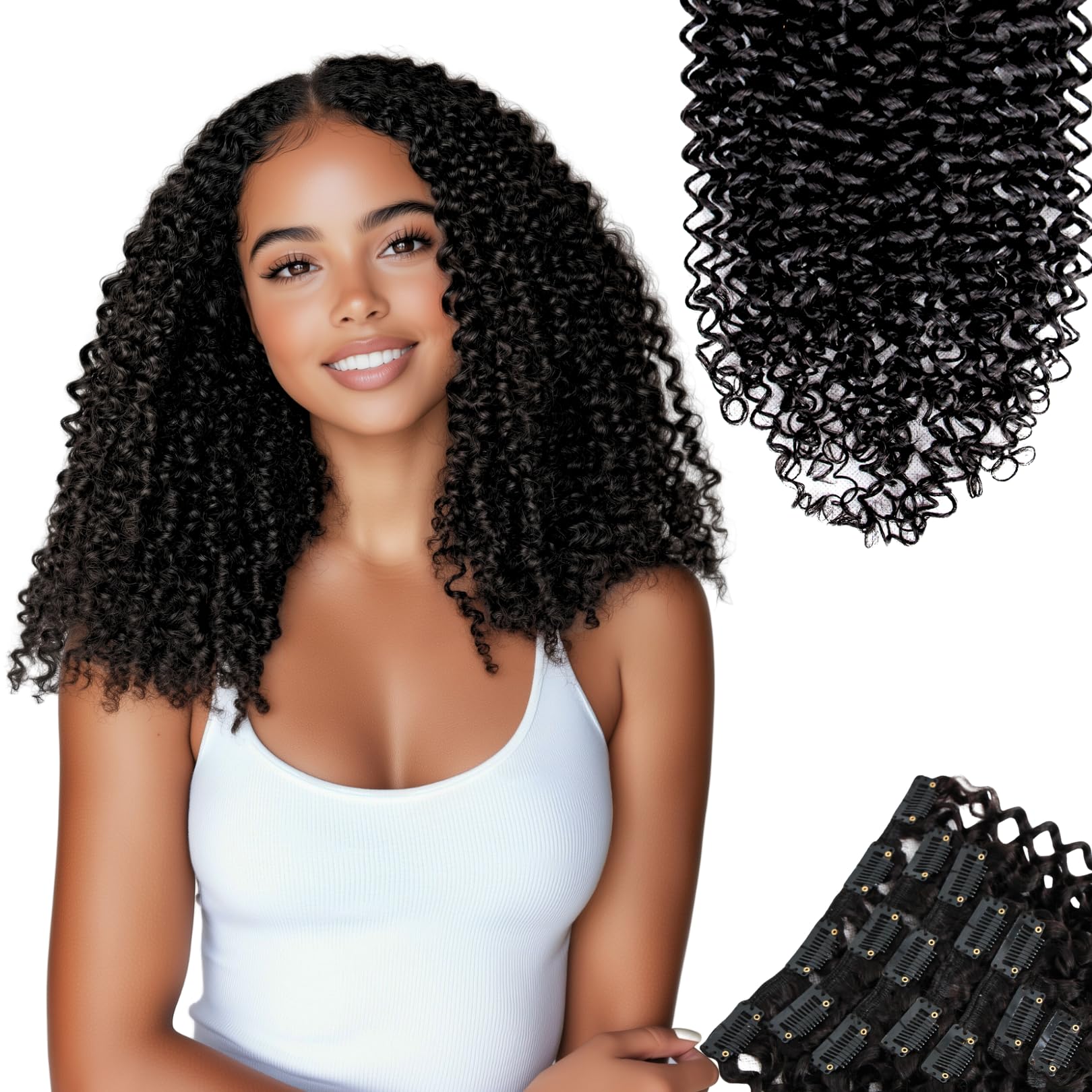 SIYUSI Kinky Curly Clip In Extensions, 3C 4A 100% Brazilian Remy Human Hair Clip Ins, Invisible & Scalp-Friendly, Natural Black Color, 3.52oz, 7Pcs (16 Inch)