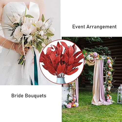 Miniatura 5 de 20 hojas artificiales rojas con purpurina, hojas de purpurina roja de 13.8 pulgadas, hojas de purpurina artificial para picos de árbol de Navidad,