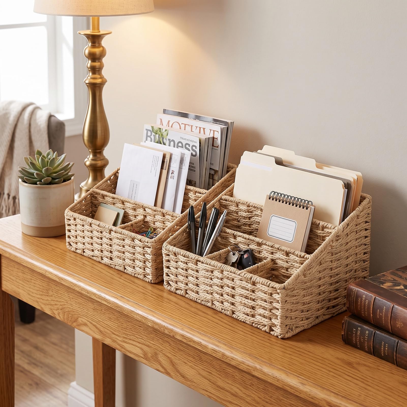 Luocute 2 Stück Gewebter Brief-Organizer, Schreibtisch-Aktenhalter, Papierfaser-Eisenrahmen (Beige)