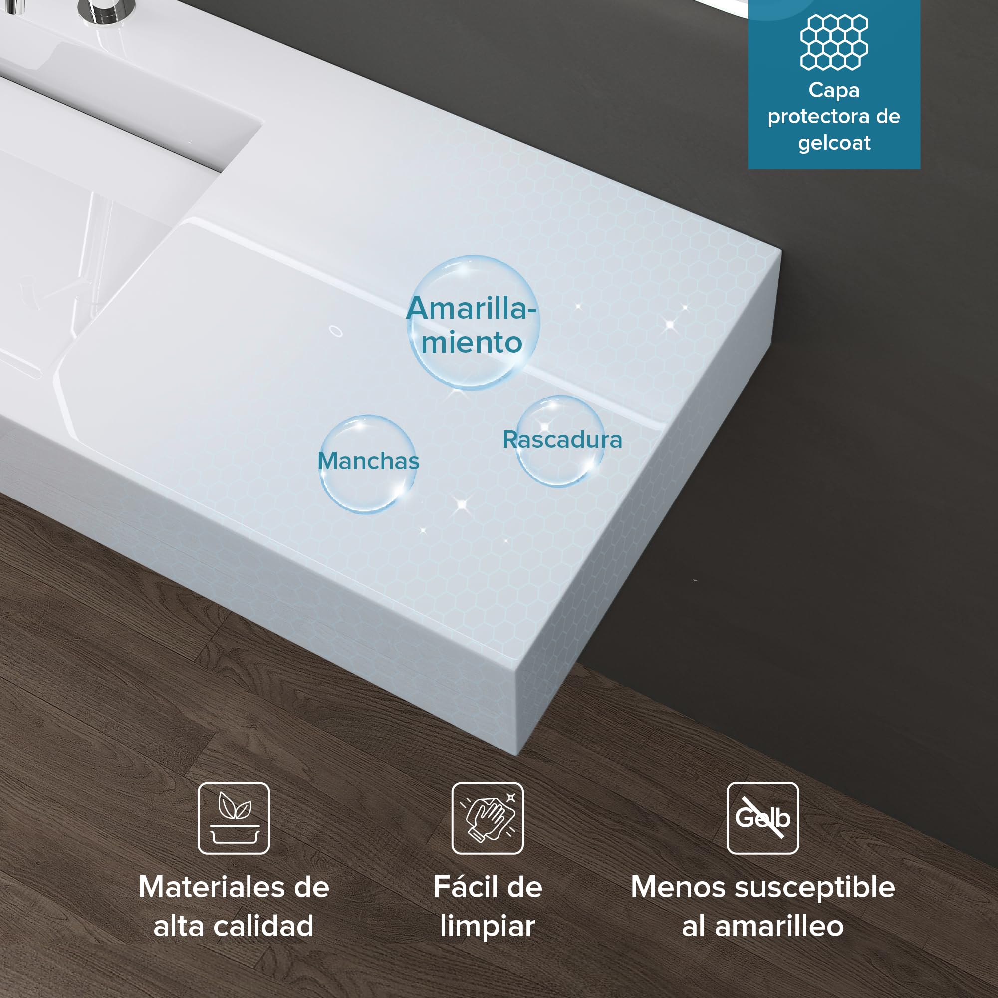 doporro Lavabo Suspendido de Mármol Fundido Blanco 100x50x15 cm – Lavabo de Baño sobre Encimera, Rectangular, Colossum11