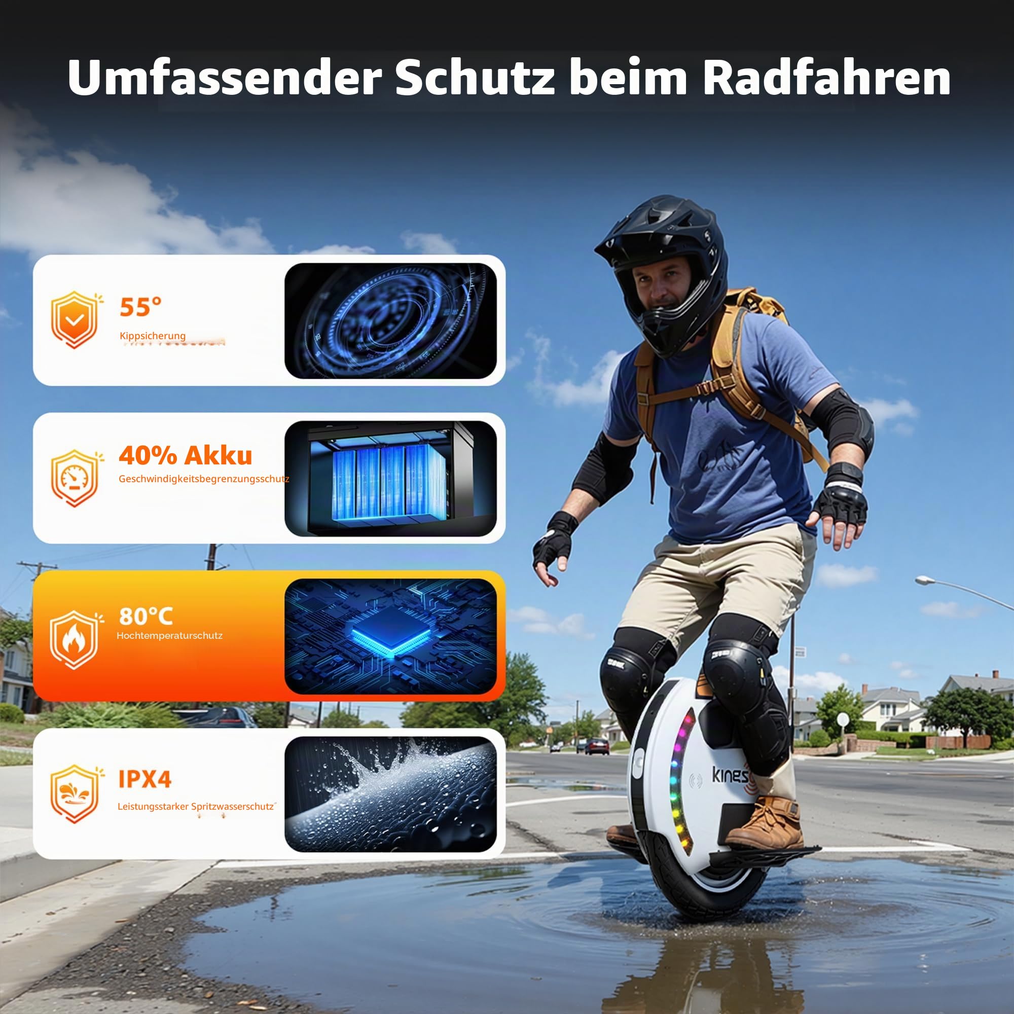 Kingsong Elektro-Laufrad KS-14D, Erwachsene,Weiß, 800W Motor, Reichweite bis zu 40km, 20km/h begrenzt, 14" Luftreifen, Lautsprecher und Bluetooth