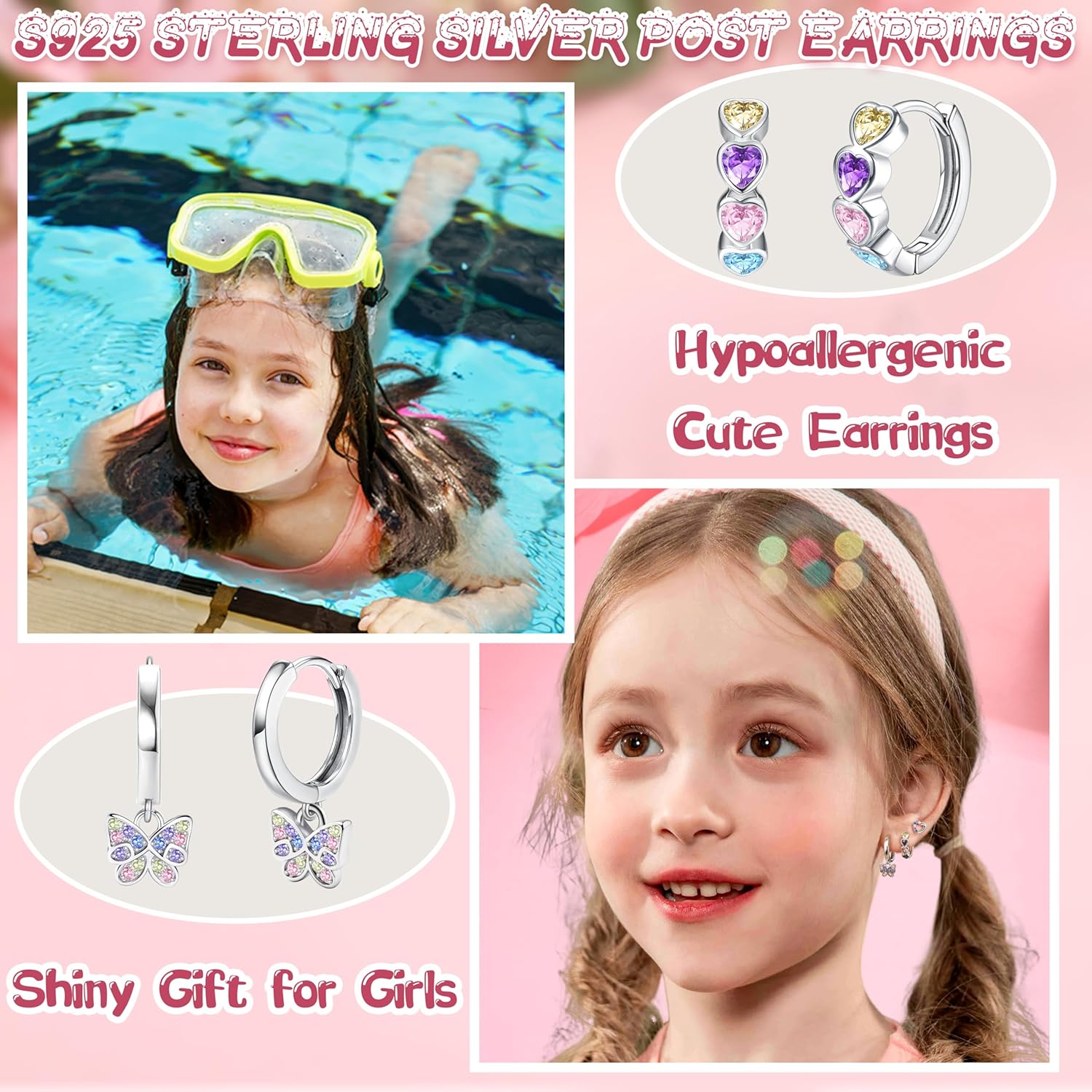 YADOCA 925 Sterling Silver Earrings Hypoallergenic Hoop Earrings for Girls Women Cute Toddler Earrings Kids Earrings Jewelry for Teen Girl Heart Star CZ Butterfly Stud Earrings Set for Sensitive Ears - Image 5