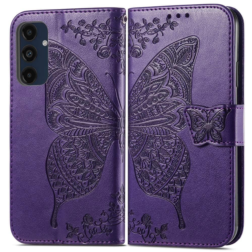 for Galaxy A16 5G Phone Case Wallet,Women Flip Cover with Credit Card Holders Butterfly Embossed PU Leather Stand Wrist Strap Purse Protective Case (Purple)