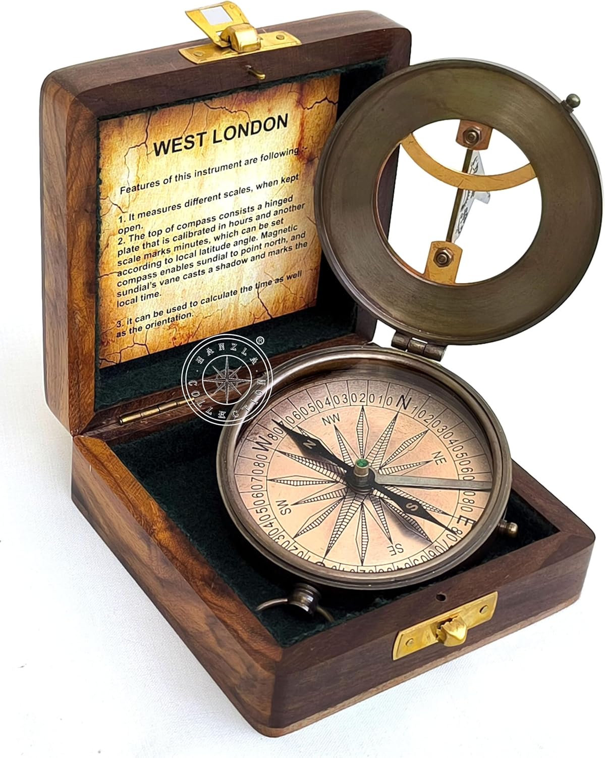 WEST London Brass Sundial - Copper Dial Compass - Steampunk Accessory – Unique Gift for Men - Beautiful Handmade Sundial Clock – Sun Clock with Wooden Box – Antique Decor Clock