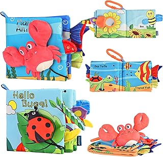 2 PCS Soft Baby Books Toys 0-3-6-12-18 Months, 3D Touch and Crinkle Books, Baby Boy Girl Gifts, Newborn Infant shower 1 year old Toys Tummy Time Toys car seat toys stroller toys sensory books toddler