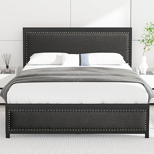 VECELO Base de cama tamaño matrimonial con cabecera tapizada, plataforma resistente con listones de metal fuertes, no necesita somier, fácil