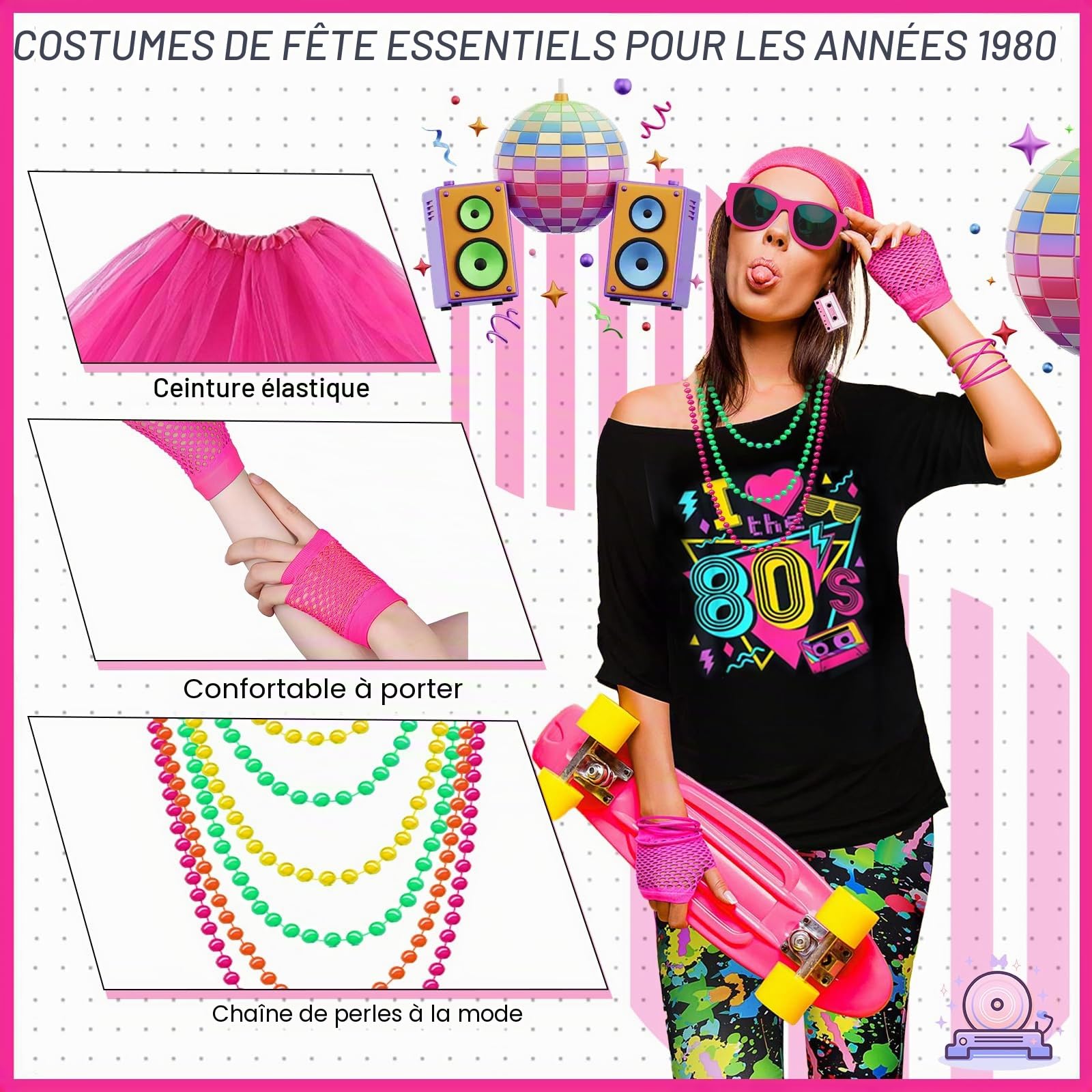 22Pièces Déguisement de Année 80 pour Femme, 80s Ensemble d'accessoires de Costume avec T-shirt Tutu Sac de Ceinture Gants Bandeau Lunettes Boucles Oreilles Collier pour Halloween Carnaval Thème Fête