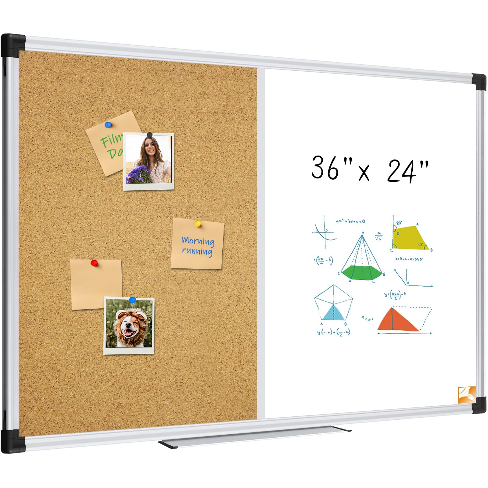 XBoard Magnetic White Board and Bulletin Corkboard Combination, 36 x 24 Inch Half Dry Erase & Cork Combo Board for Wall with Aluminum Frame, 3' x 2' Notice Memo Board Tack Pin Board Vision Board